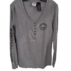 Harley Davidson Women’s Gray Willie Skull Henley Ribbed Knit L/S Snaps  XL NWOT